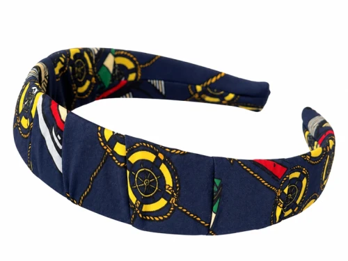 Jedwabna pleciona granatowa w żeglarski wzorek opaska do włosów